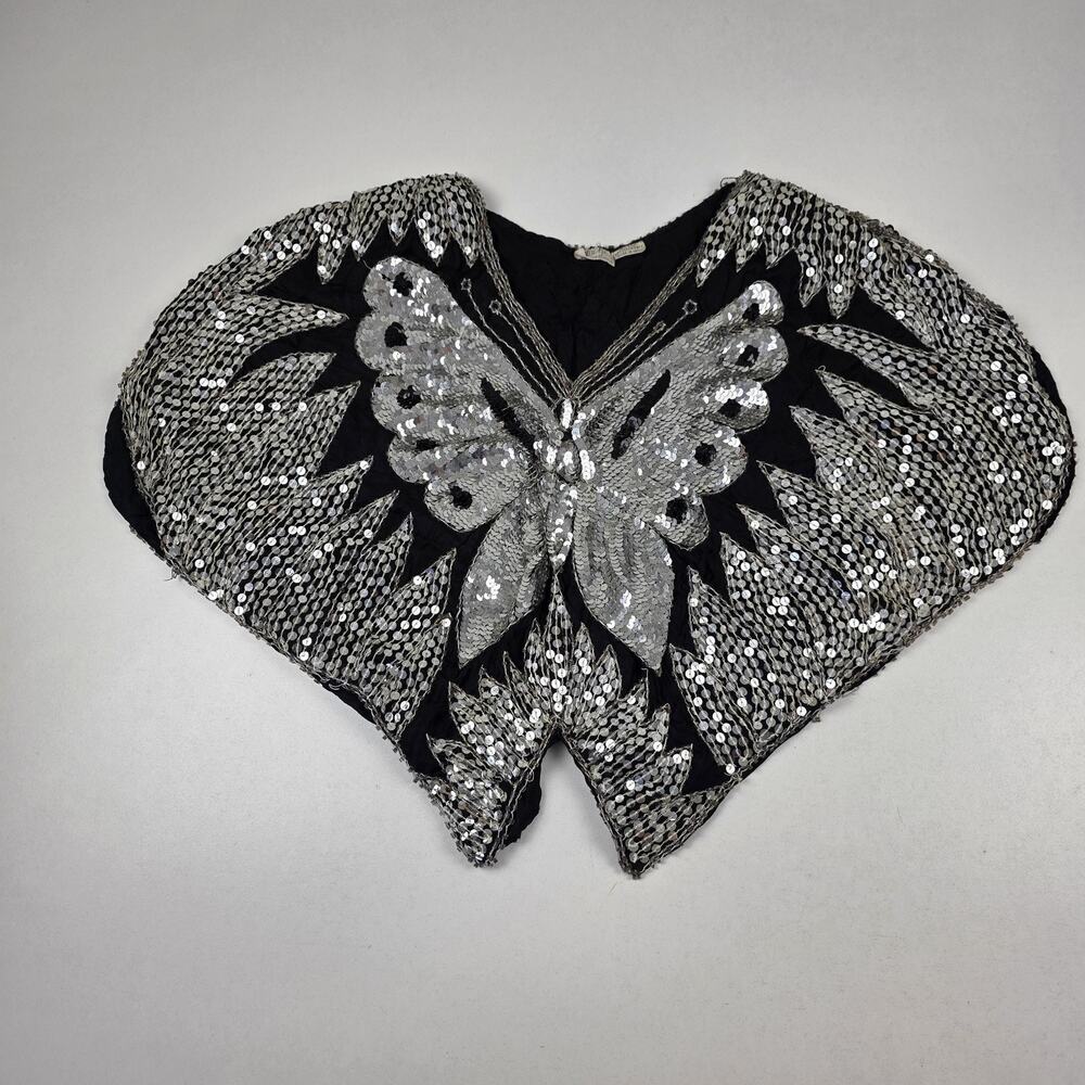 Vintage Sequin‎ Butterfly Shirt Womens One Size Black Silver Silk Beaded 80s